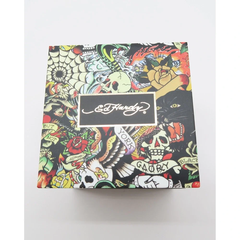 Ed Hardy Mens Black Skull Crystal Dial Tonneau Silicone Strap Watch New in Box
